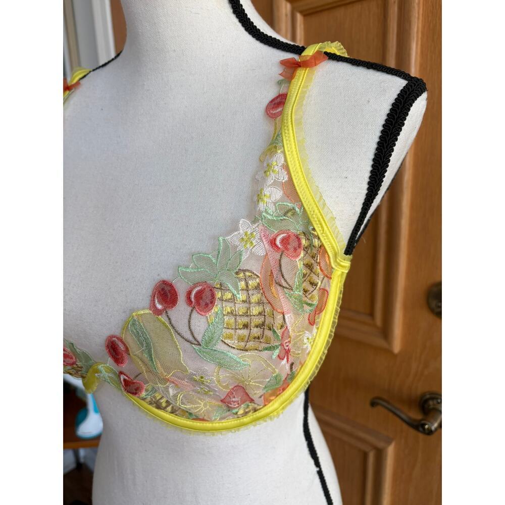 For Love & Lemons Mirabelle Underwire Bra Yellow Embroidered Sheer 38C NWT - Picture 4 of 7